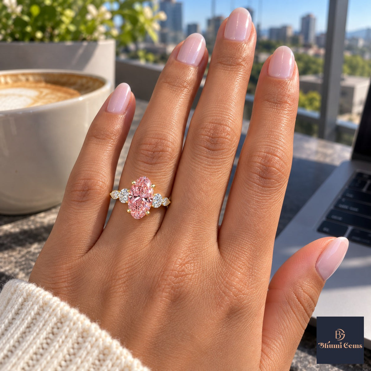 Pink Oval Cut Lab Grown Diamond Engagement Ring - Round and Marquise Accents in yellow gold, on the hand