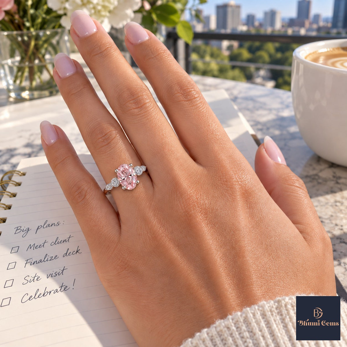 Pink Oval Cut Lab Grown Diamond Engagement Ring - Round and Marquise Accents in white gold, worn on the hand