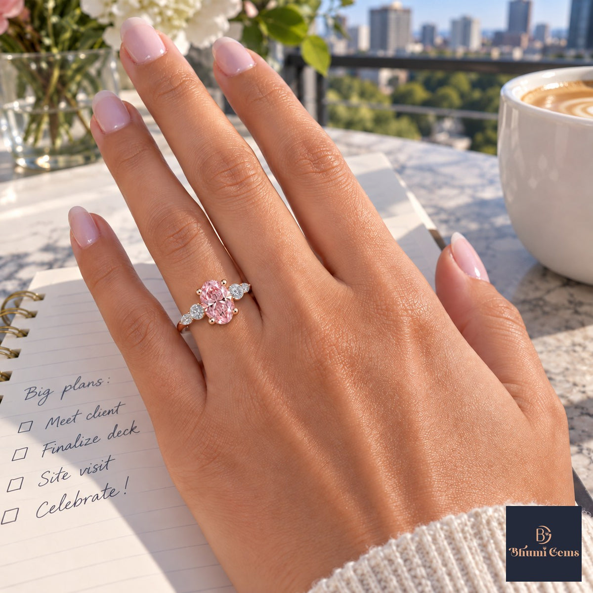 Pink Oval Cut Lab Grown Diamond Engagement Ring - Round and Marquise Accents in rose gold, worn on the hand