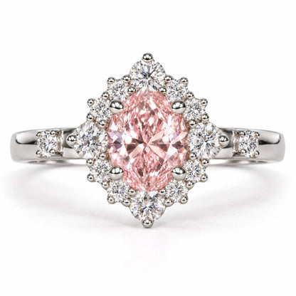 Pink Oval Cut Lab Grown Diamond Engagement Ring - Scalloped Halo in white gold, front view