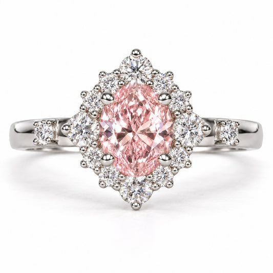 Pink Oval Cut Lab Grown Diamond Engagement Ring - Scalloped Halo in white gold, front view