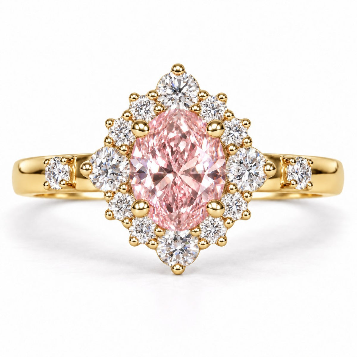 Pink Oval Cut Lab Grown Diamond Engagement Ring - Scalloped Halo in yellow gold, front view