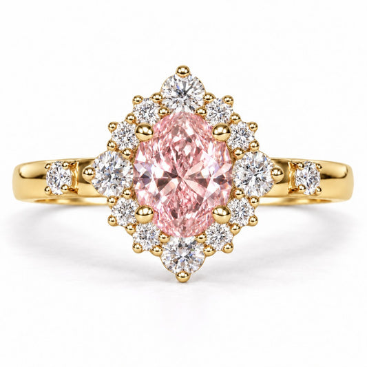 Pink Oval Cut Lab Grown Diamond Engagement Ring - Scalloped Halo in yellow gold, front view