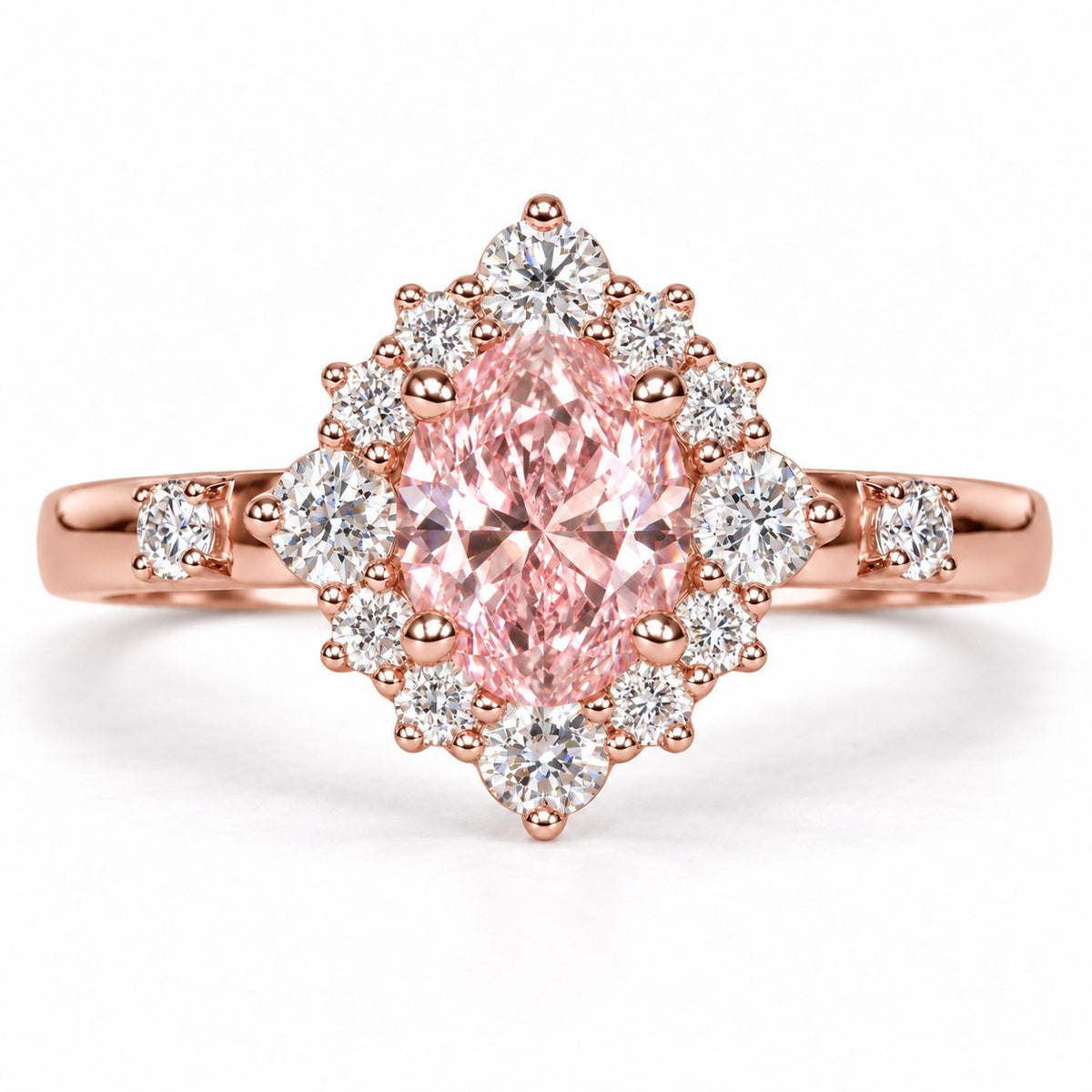 Pink Oval Cut Lab Grown Diamond Engagement Ring - Scalloped Halo in rose gold, front view