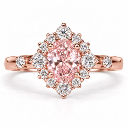 Pink Oval Cut Lab Grown Diamond Engagement Ring - Scalloped Halo in rose gold, front view