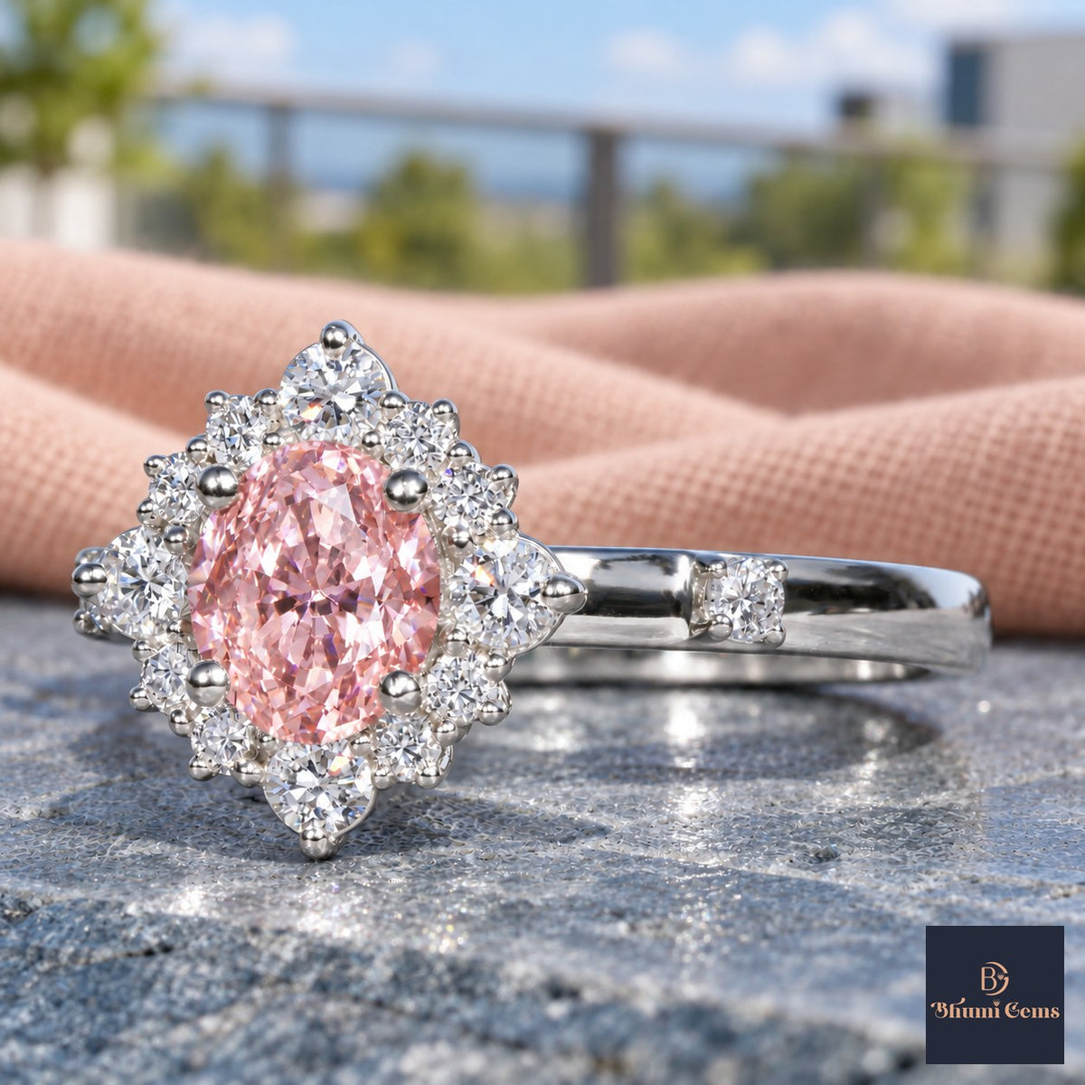Pink Oval Cut Lab Grown Diamond Engagement Ring - Scalloped Halo in white gold, close-up