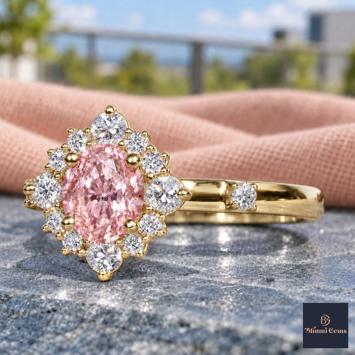 Pink Oval Cut Lab Grown Diamond Engagement Ring - Scalloped Halo in yellow gold, close-up
