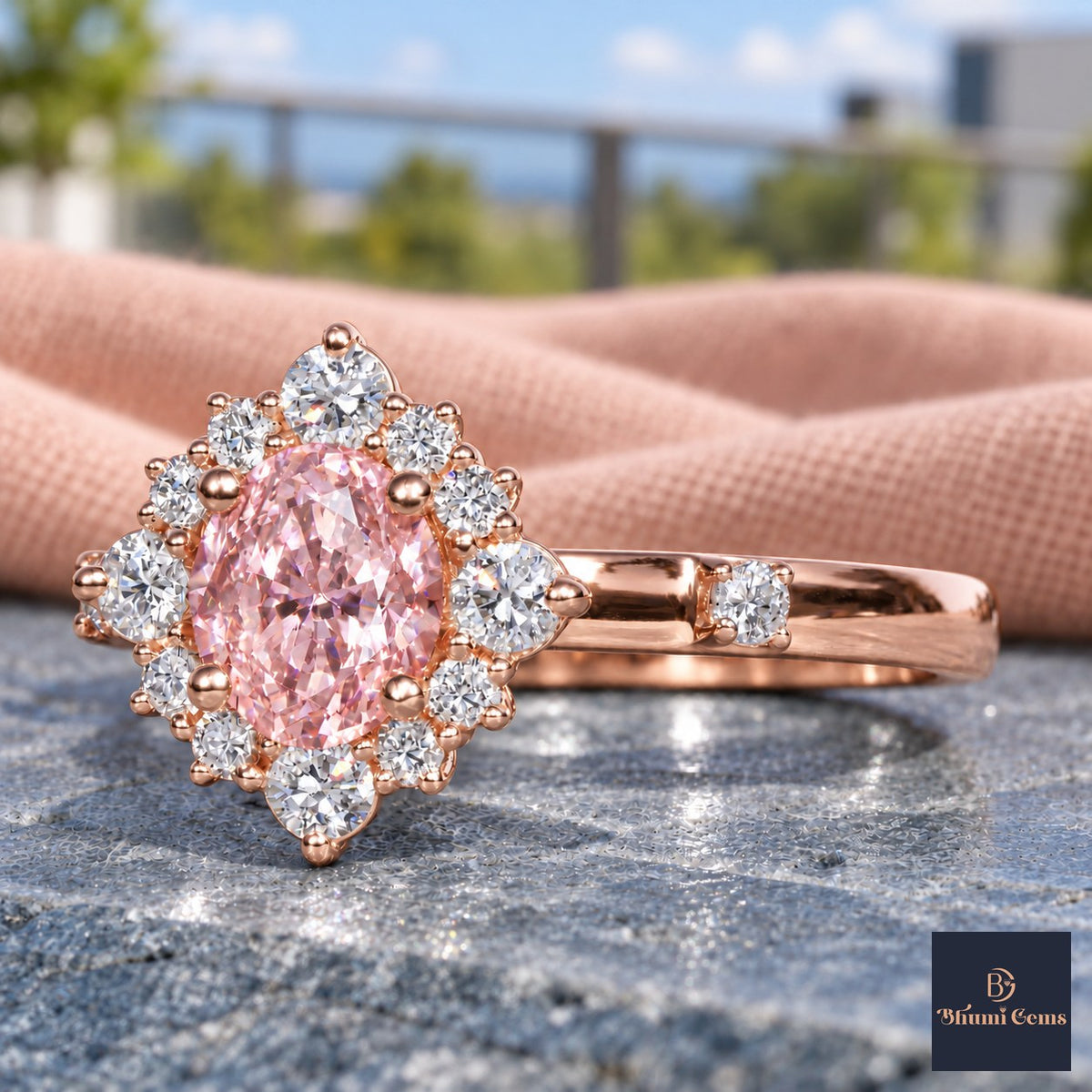 Pink Oval Cut Lab Grown Diamond Engagement Ring - Scalloped Halo in rose gold, close-up