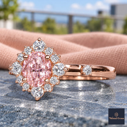 Pink Oval Cut Lab Grown Diamond Engagement Ring - Scalloped Halo in rose gold, close-up