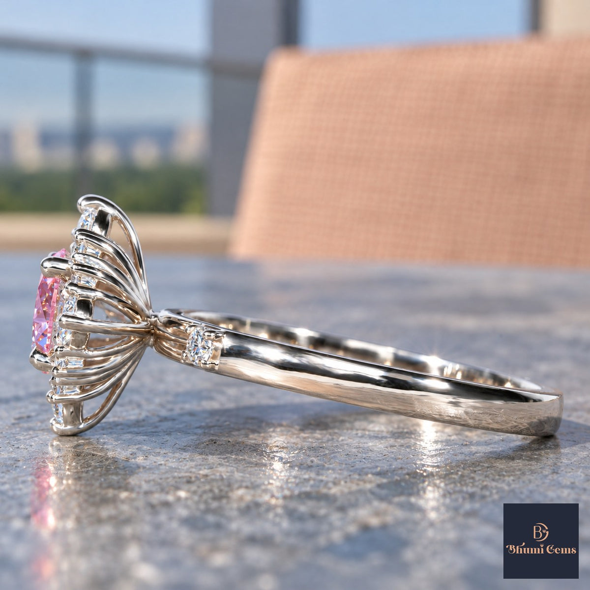 Pink Oval Cut Lab Grown Diamond Engagement Ring - Scalloped Halo in white gold, side view