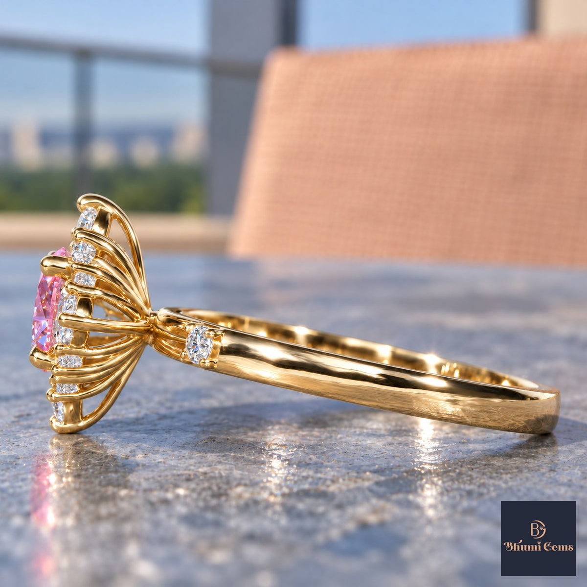 Pink Oval Cut Lab Grown Diamond Engagement Ring - Scalloped Halo in yellow gold, side view