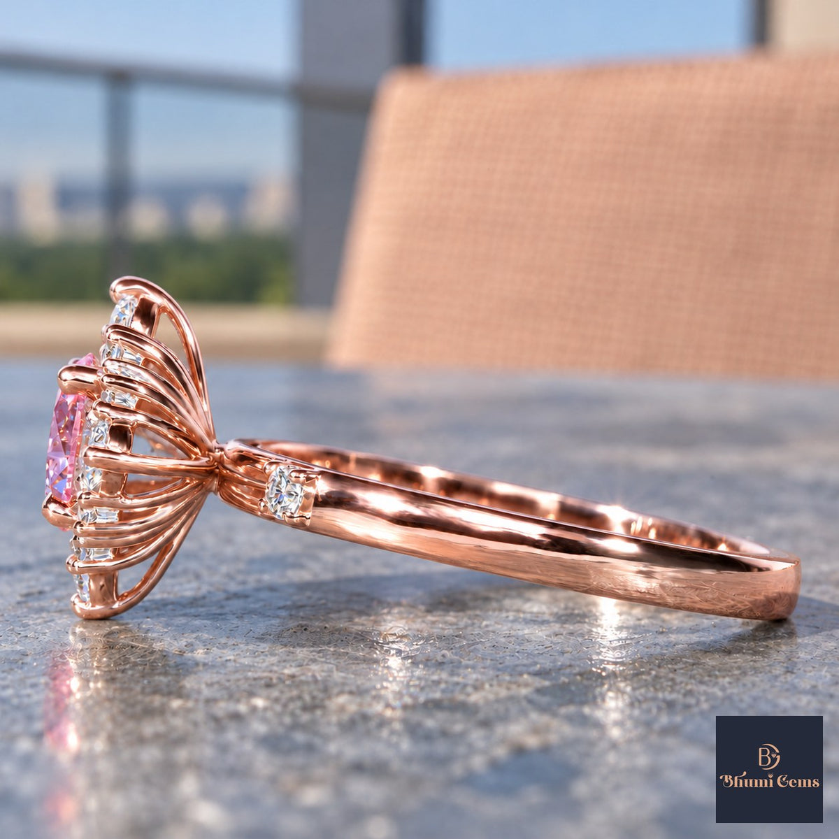 Pink Oval Cut Lab Grown Diamond Engagement Ring - Scalloped Halo in rose gold, side view