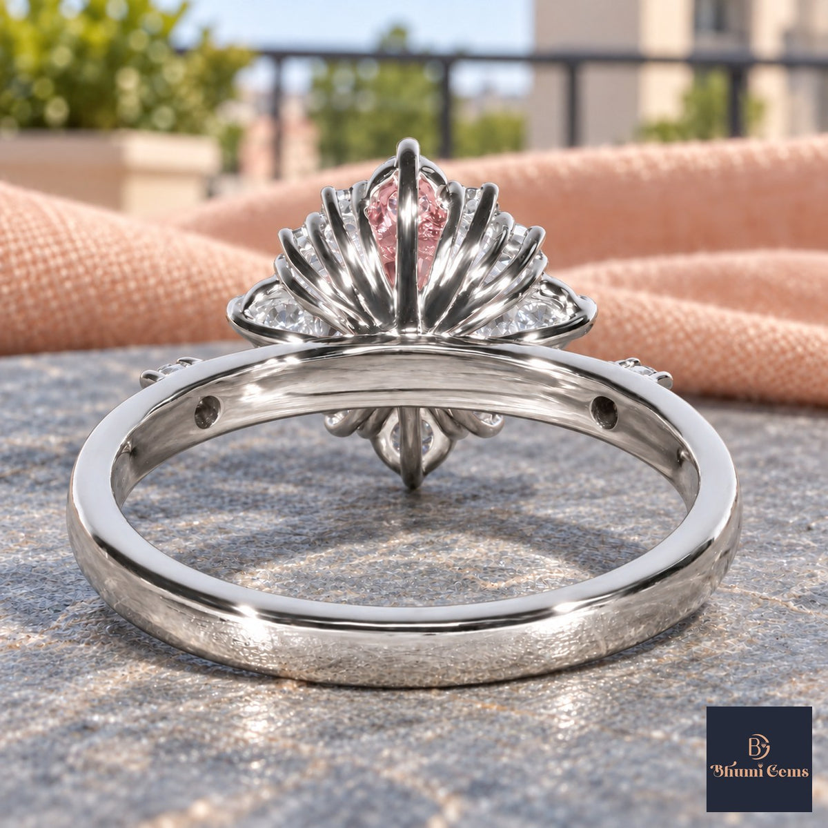 Pink Oval Cut Lab Grown Diamond Engagement Ring - Scalloped Halo in white gold, gallery view