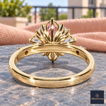 Pink Oval Cut Lab Grown Diamond Engagement Ring - Scalloped Halo in yellow gold, gallery view