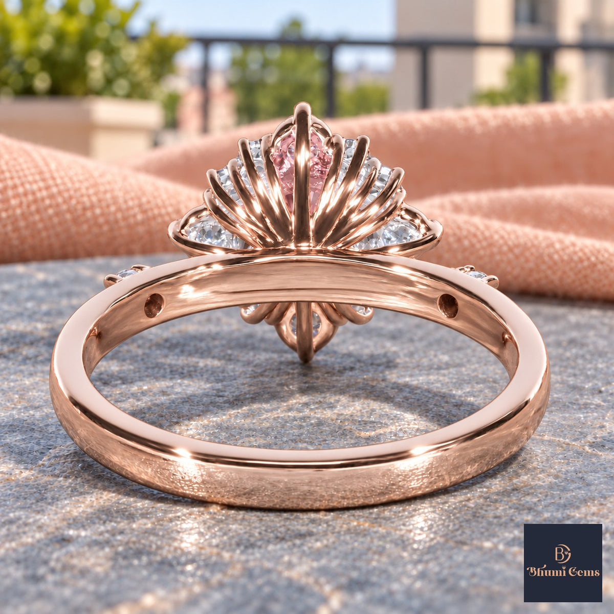 Pink Oval Cut Lab Grown Diamond Engagement Ring - Scalloped Halo in rose gold, gallery view