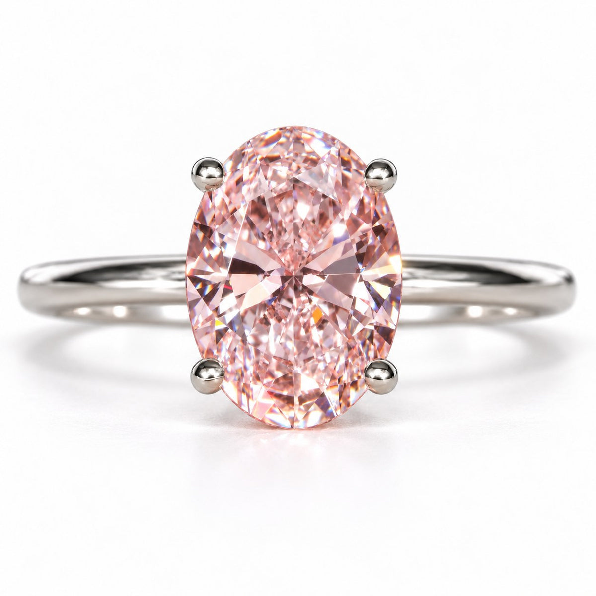 Pink Oval Cut Lab Grown Diamond Engagement Ring - Six Prong Solitaire in white gold, front view