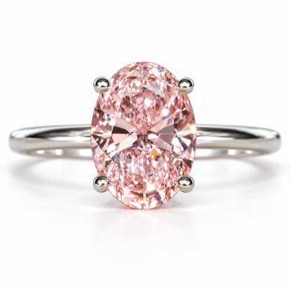 Pink Oval Cut Lab Grown Diamond Engagement Ring - Six Prong Solitaire in white gold, front view