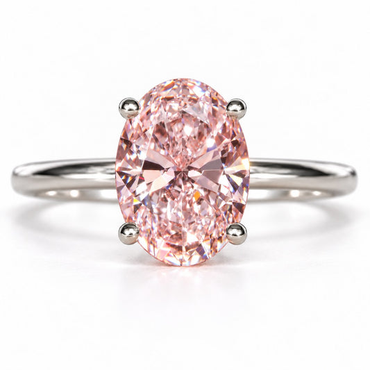 Pink Oval Cut Lab Grown Diamond Engagement Ring - Six Prong Solitaire in white gold, front view