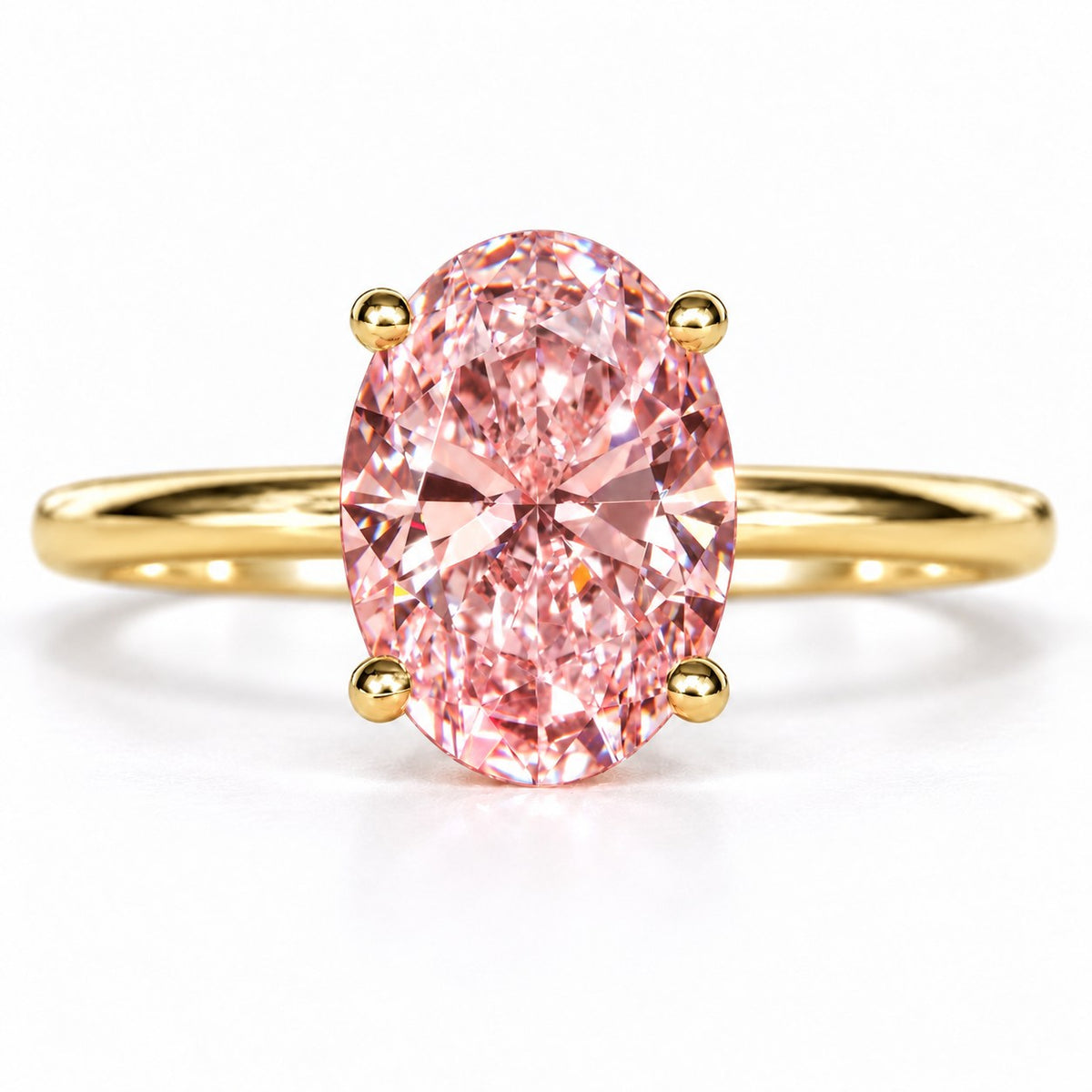 Pink Oval Cut Lab Grown Diamond Engagement Ring - Six Prong Solitaire in yellow gold, front view