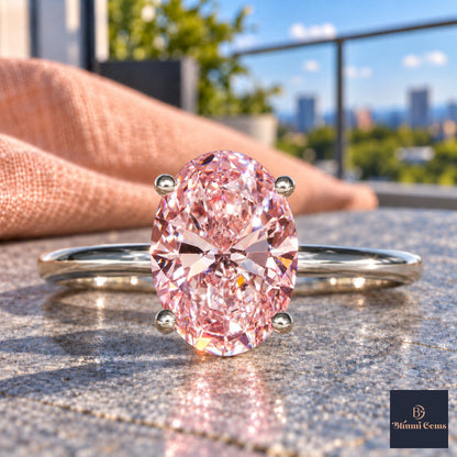 Pink Oval Cut Lab Grown Diamond Engagement Ring - Six Prong Solitaire in white gold, close-up