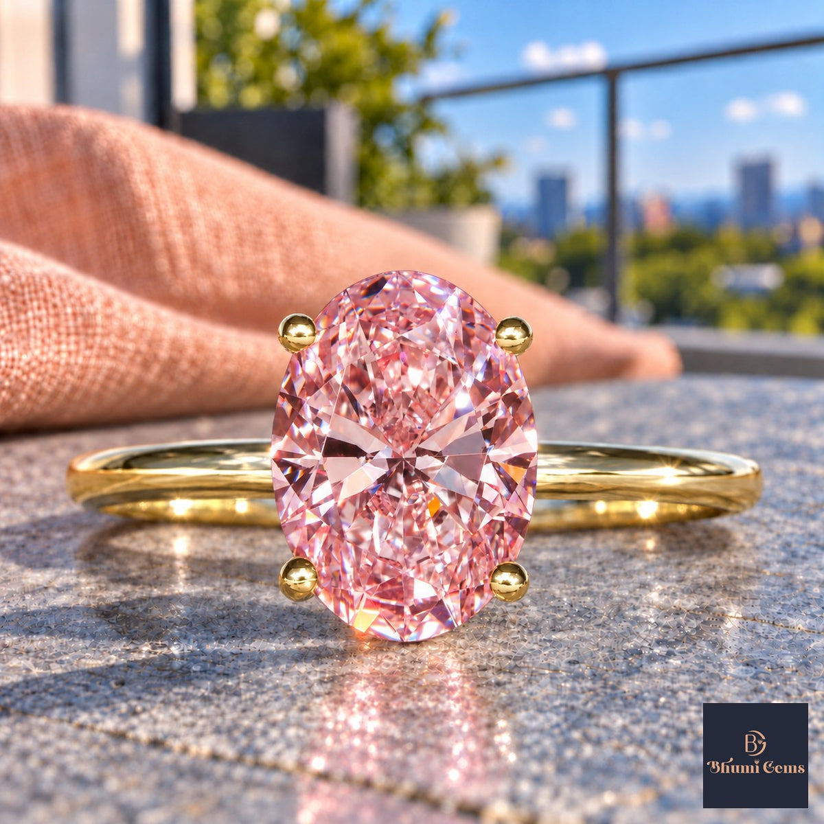 Pink Oval Cut Lab Grown Diamond Engagement Ring - Six Prong Solitaire in yellow gold, close-up