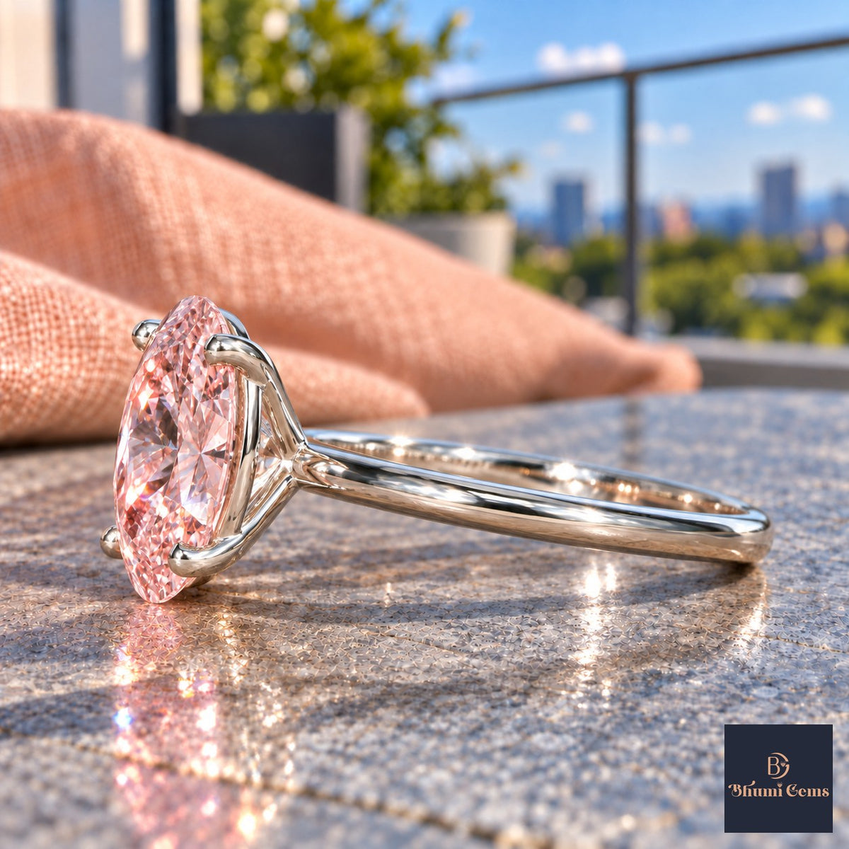 Pink Oval Cut Lab Grown Diamond Engagement Ring - Six Prong Solitaire in white gold, side view