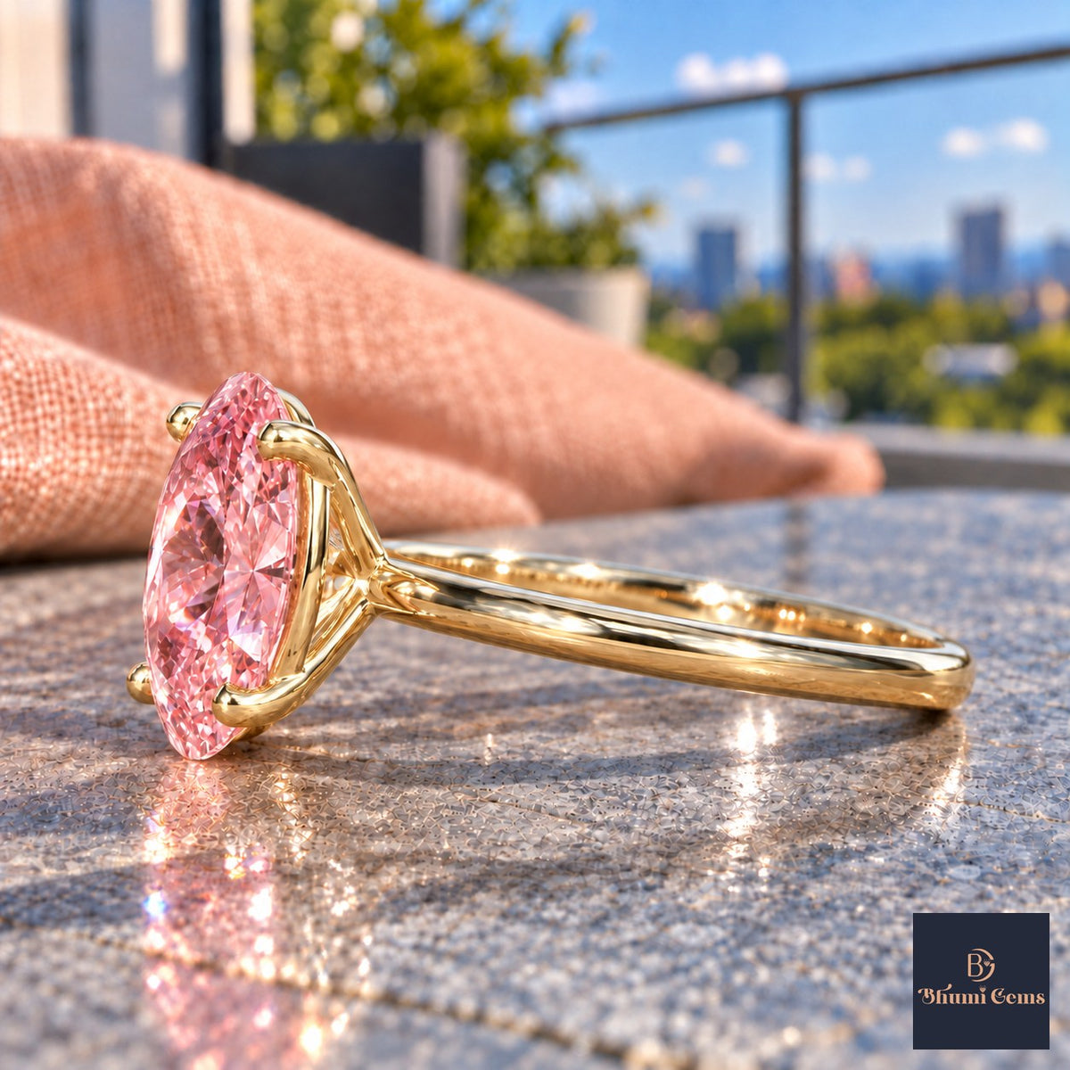 Pink Oval Cut Lab Grown Diamond Engagement Ring - Six Prong Solitaire in yellow gold, side view