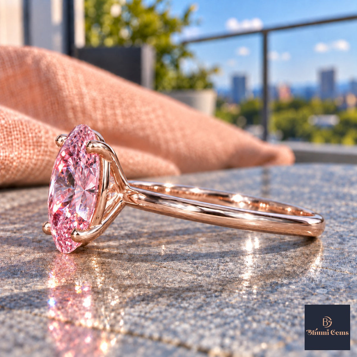 Pink Oval Cut Lab Grown Diamond Engagement Ring - Six Prong Solitaire in rose gold, side view