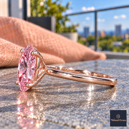 Pink Oval Cut Lab Grown Diamond Engagement Ring - Six Prong Solitaire in rose gold, side view