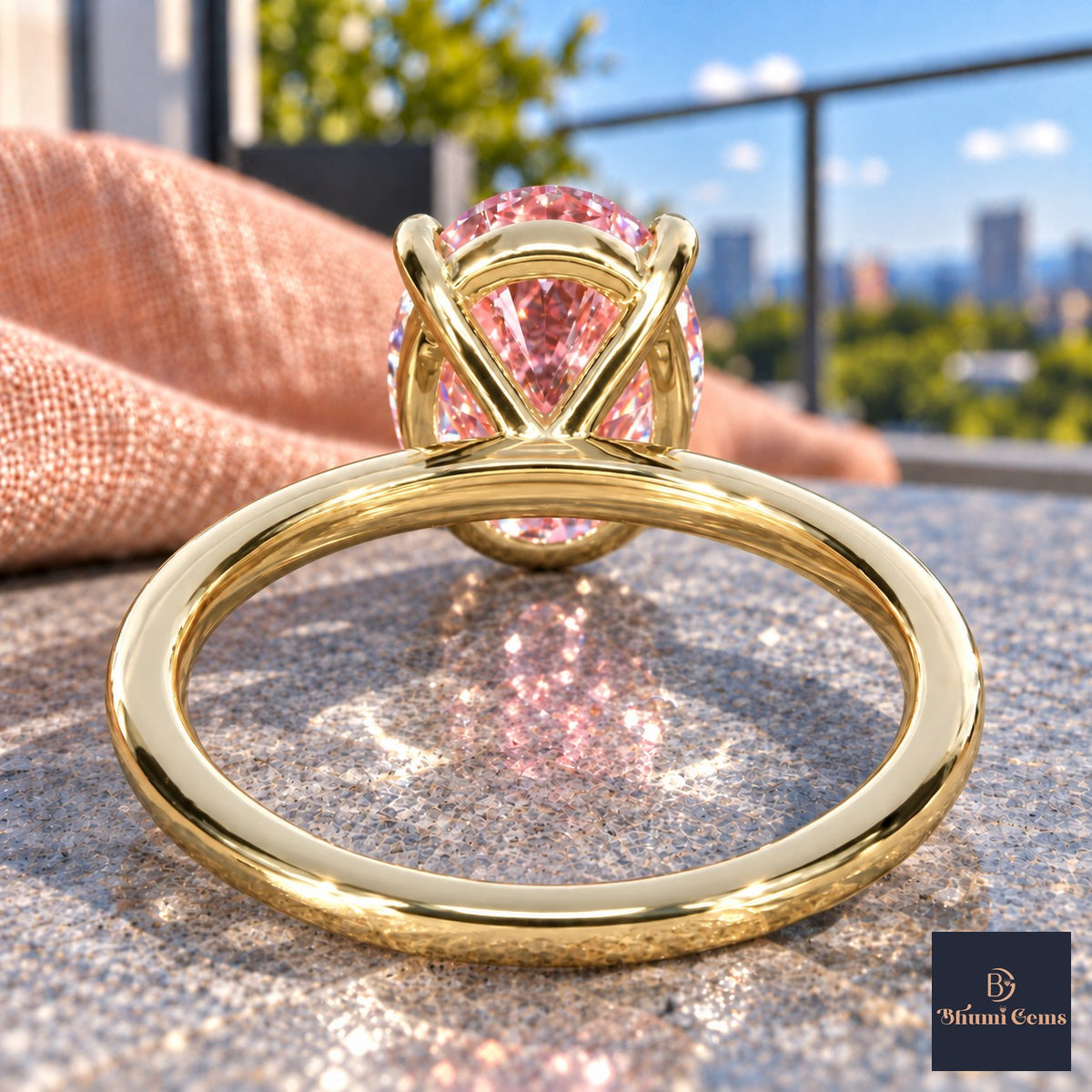 Pink Oval Cut Lab Grown Diamond Engagement Ring - Six Prong Solitaire in yellow gold, gallery view