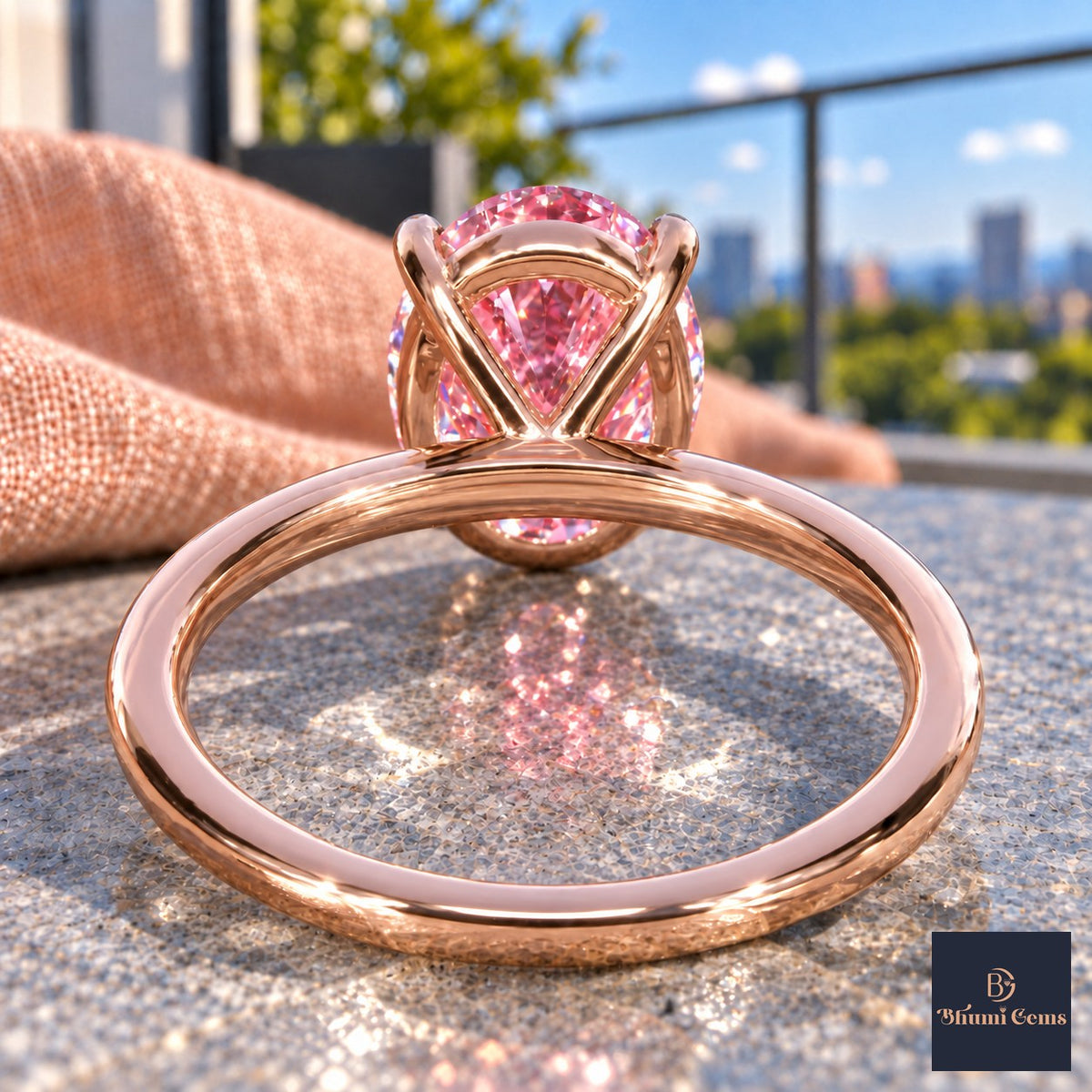 Pink Oval Cut Lab Grown Diamond Engagement Ring - Six Prong Solitaire in rose gold, gallery view