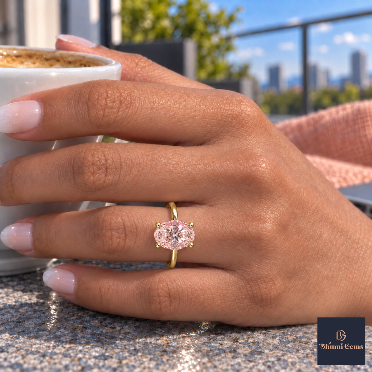 Pink Oval Cut Lab Grown Diamond Engagement Ring - Six Prong Solitaire in yellow gold, on the hand