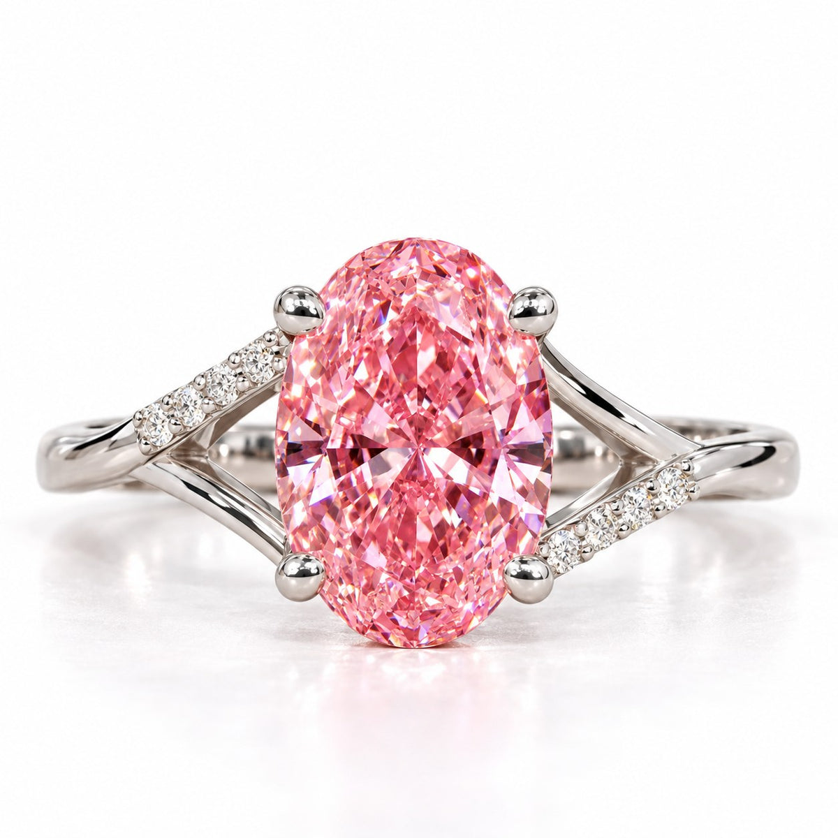 Pink Oval Cut Lab Grown Diamond Engagement Ring - Split Pave Shoulders in white gold, front view