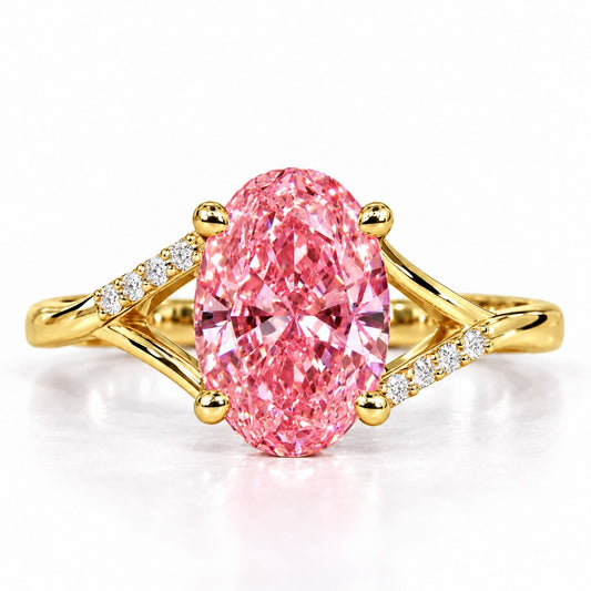 Pink Oval Cut Lab Grown Diamond Engagement Ring - Split Pave Shoulders in yellow gold, front view