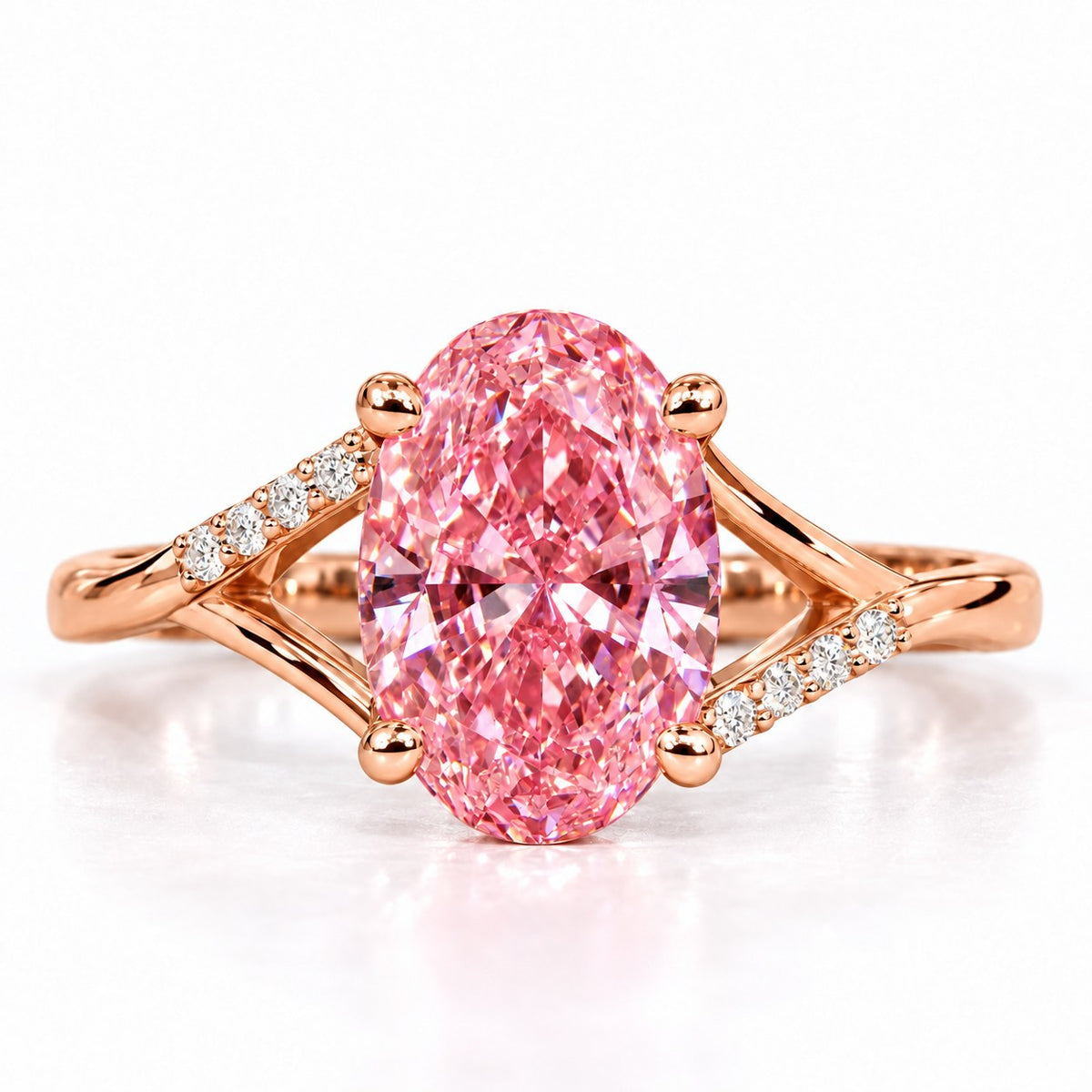 Pink Oval Cut Lab Grown Diamond Engagement Ring - Split Pave Shoulders in rose gold, front view