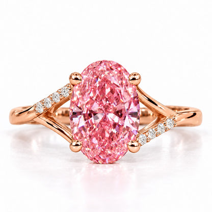 Pink Oval Cut Lab Grown Diamond Engagement Ring - Split Pave Shoulders in rose gold, front view
