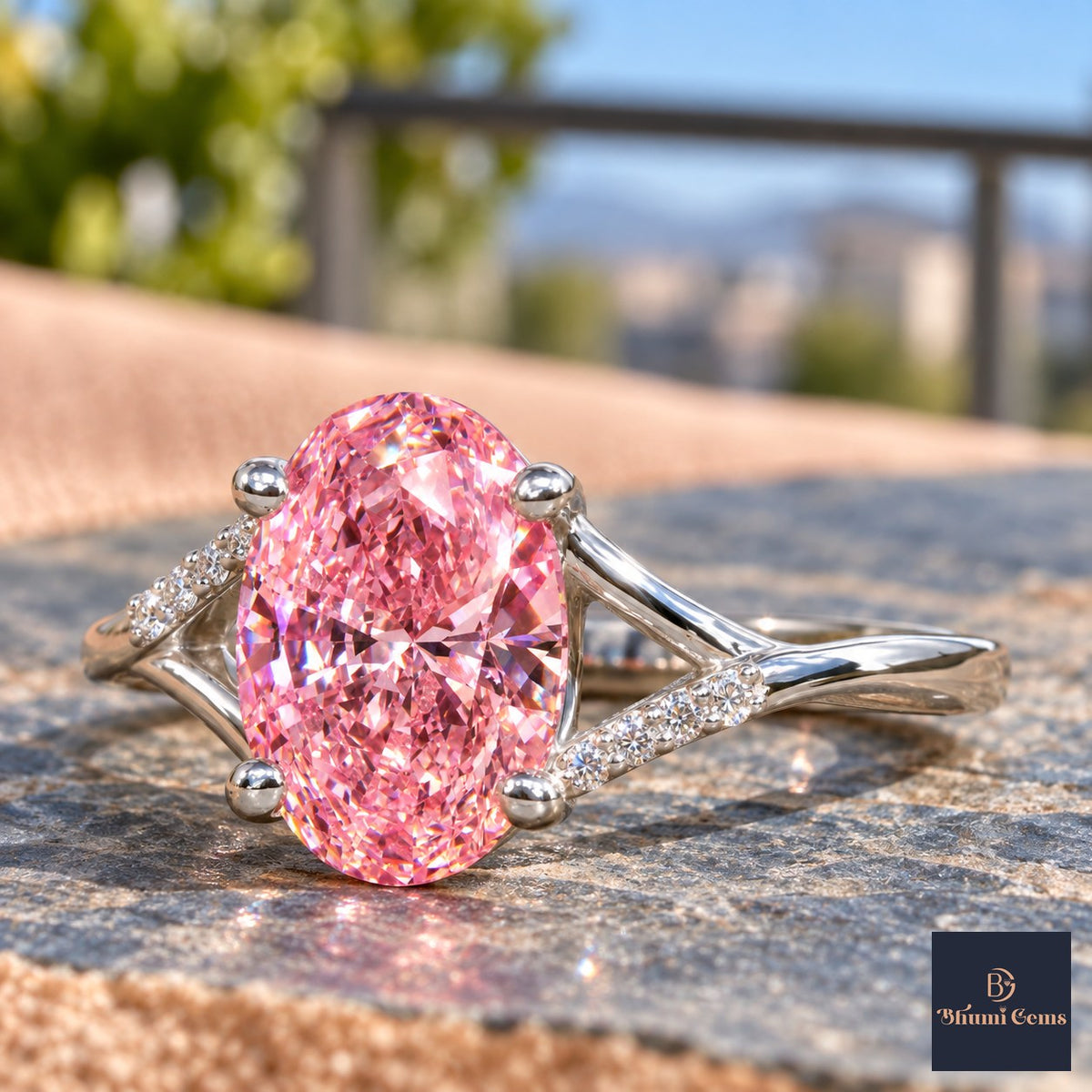 Pink Oval Cut Lab Grown Diamond Engagement Ring - Split Pave Shoulders in white gold, close-up
