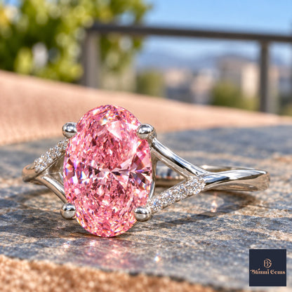 Pink Oval Cut Lab Grown Diamond Engagement Ring - Split Pave Shoulders in white gold, close-up