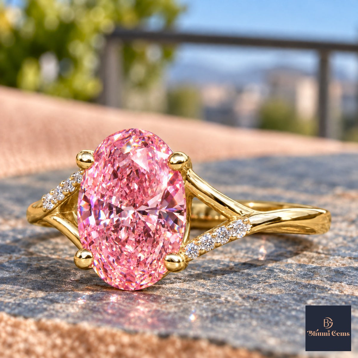 Pink Oval Cut Lab Grown Diamond Engagement Ring - Split Pave Shoulders in yellow gold, close-up