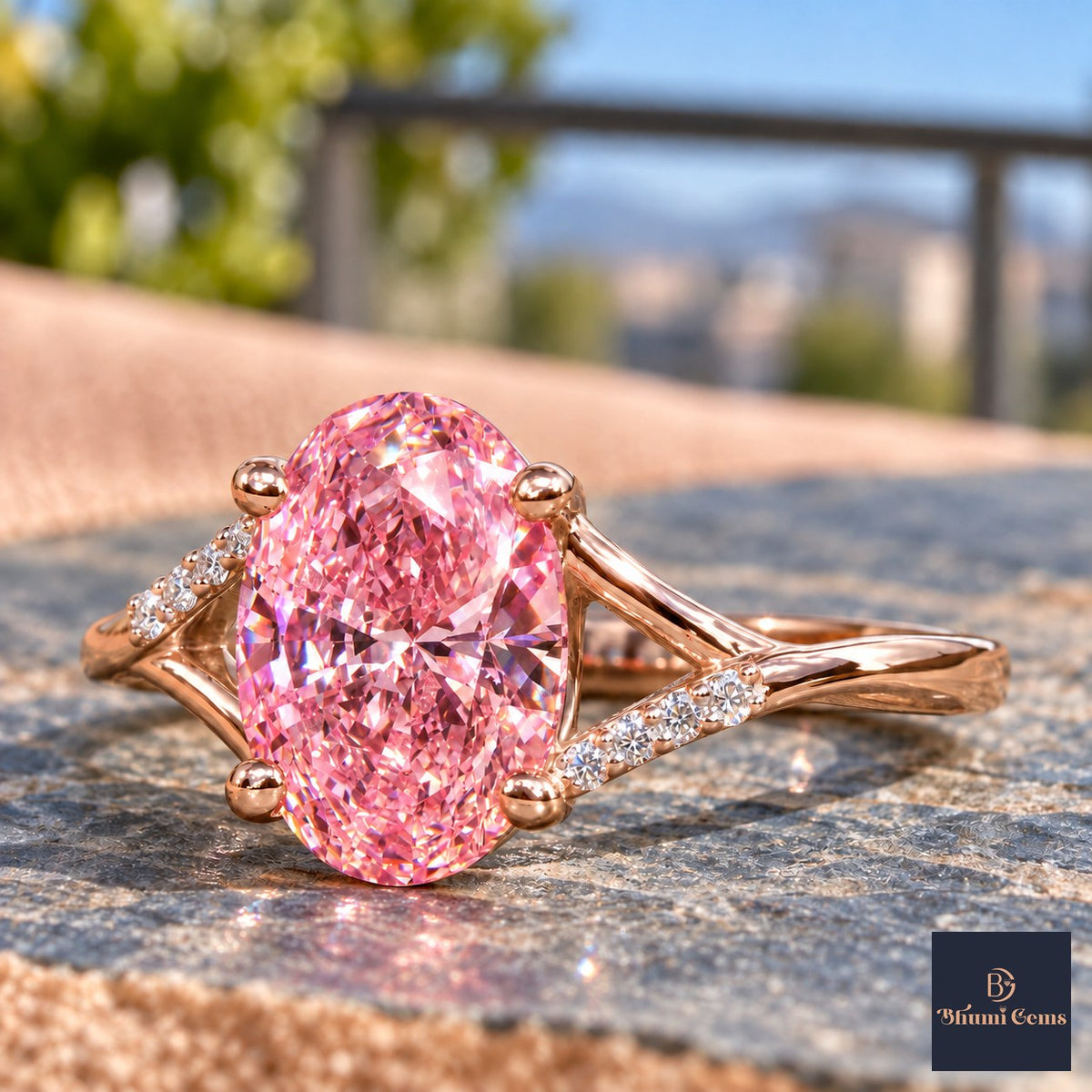 Pink Oval Cut Lab Grown Diamond Engagement Ring - Split Pave Shoulders in rose gold, close-up
