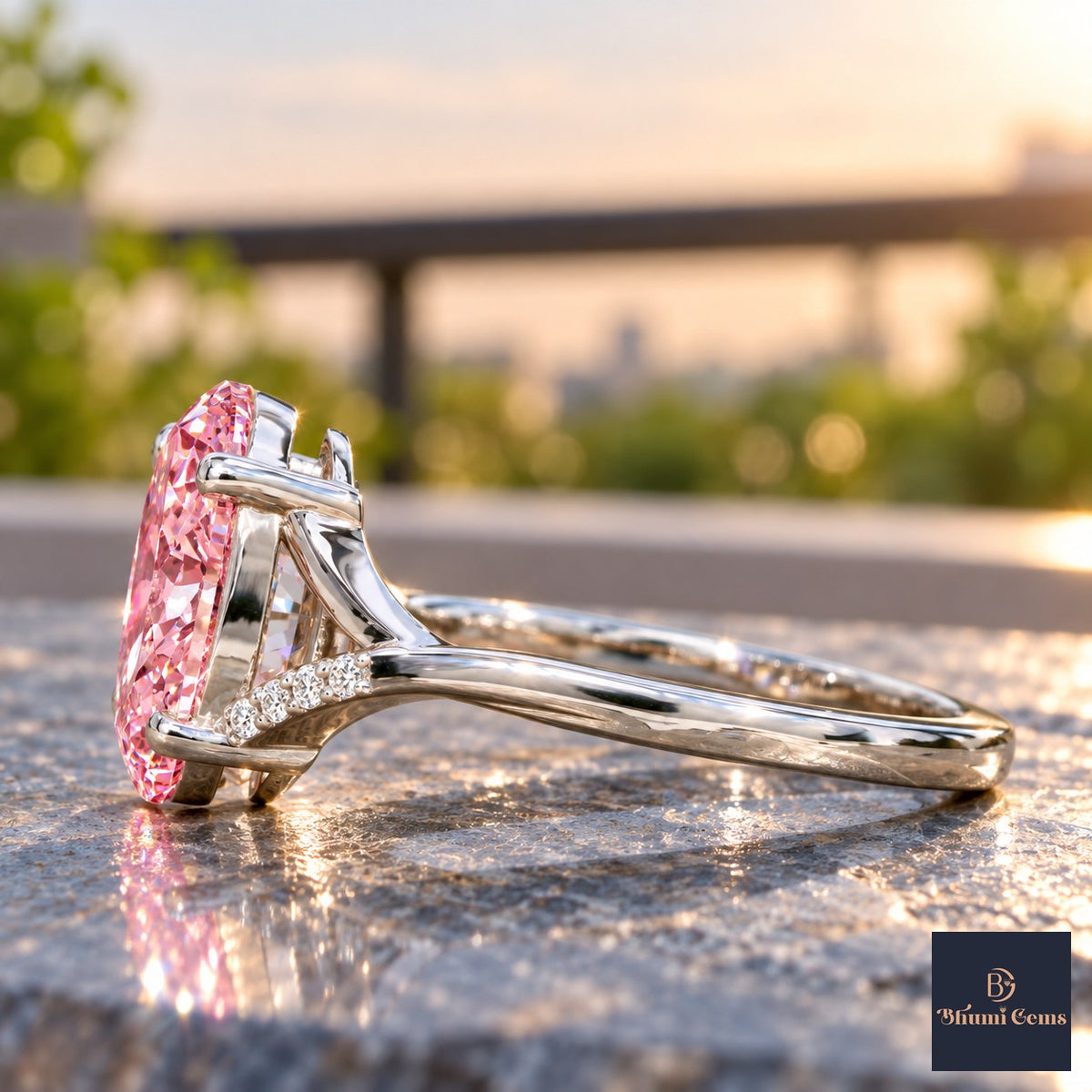 Pink Oval Cut Lab Grown Diamond Engagement Ring - Split Pave Shoulders in white gold, side view
