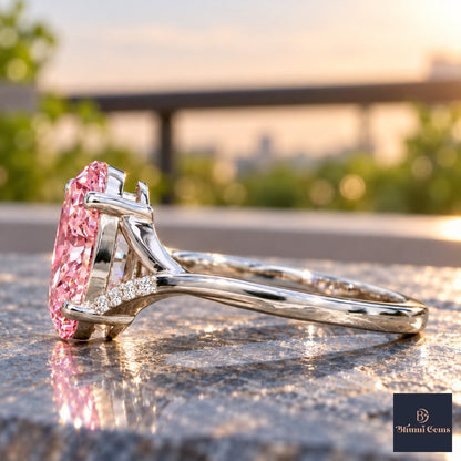 Pink Oval Cut Lab Grown Diamond Engagement Ring - Split Pave Shoulders in white gold, side view