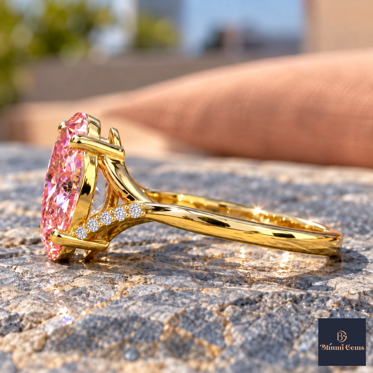 Pink Oval Cut Lab Grown Diamond Engagement Ring - Split Pave Shoulders in yellow gold, side view