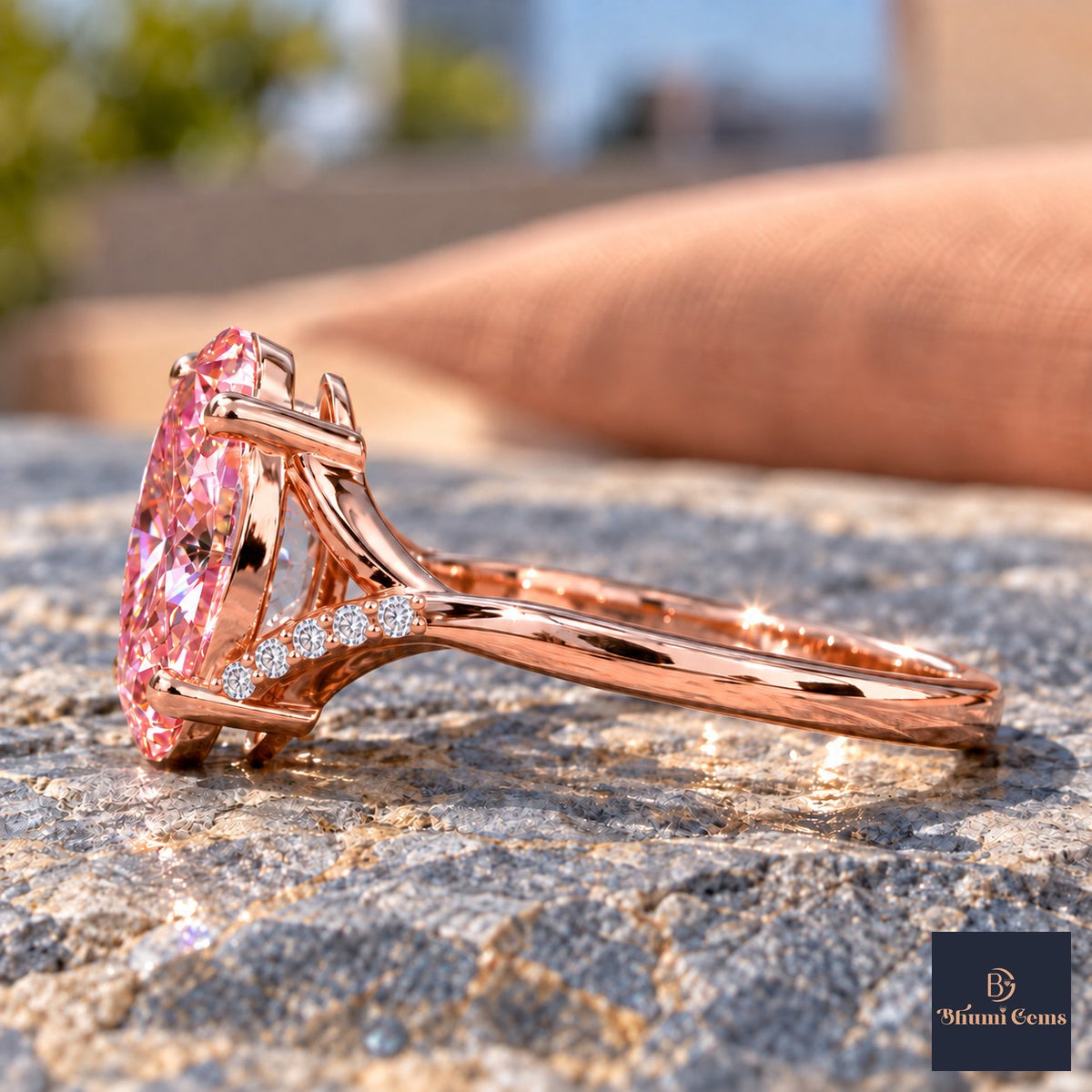 Pink Oval Cut Lab Grown Diamond Engagement Ring - Split Pave Shoulders in rose gold, side view