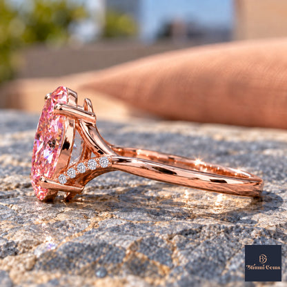 Pink Oval Cut Lab Grown Diamond Engagement Ring - Split Pave Shoulders in rose gold, side view