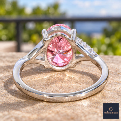 Pink Oval Cut Lab Grown Diamond Engagement Ring - Split Pave Shoulders in white gold, gallery view