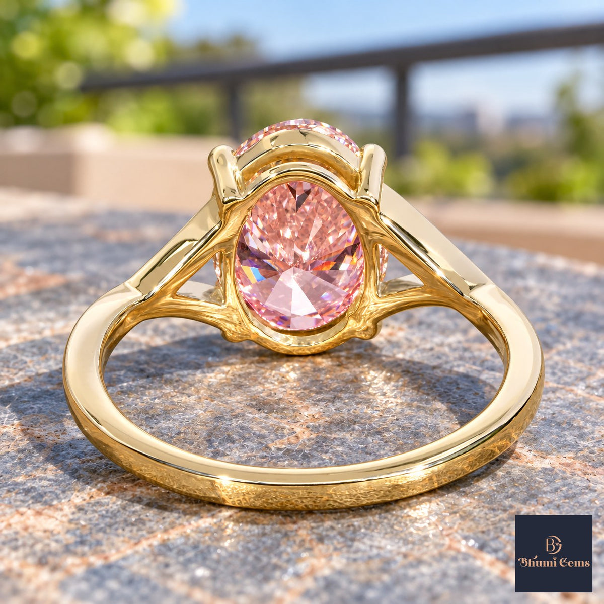 Pink Oval Cut Lab Grown Diamond Engagement Ring - Split Pave Shoulders in yellow gold, gallery view