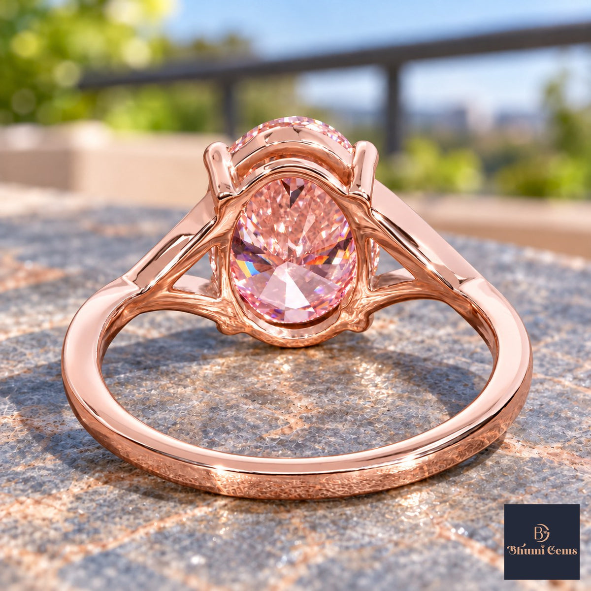 Pink Oval Cut Lab Grown Diamond Engagement Ring - Split Pave Shoulders in rose gold, gallery view