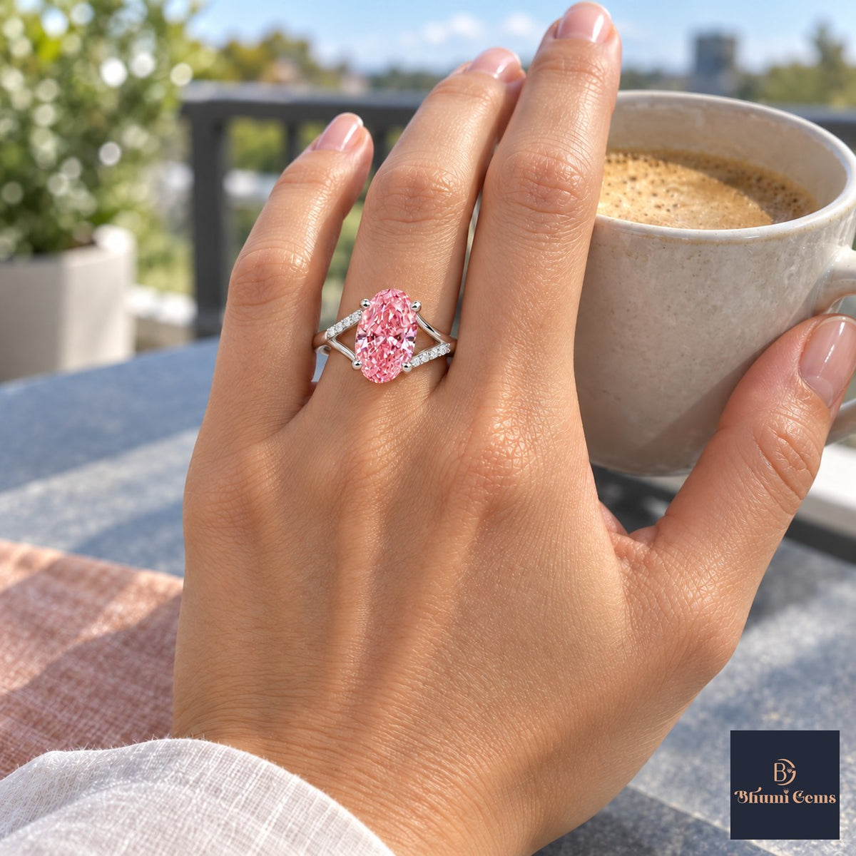 Pink Oval Cut Lab Grown Diamond Engagement Ring - Split Pave Shoulders in white gold, on the hand