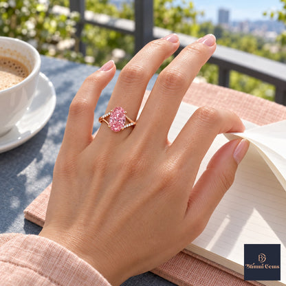 Pink Oval Cut Lab Grown Diamond Engagement Ring - Split Pave Shoulders in rose gold, on the hand